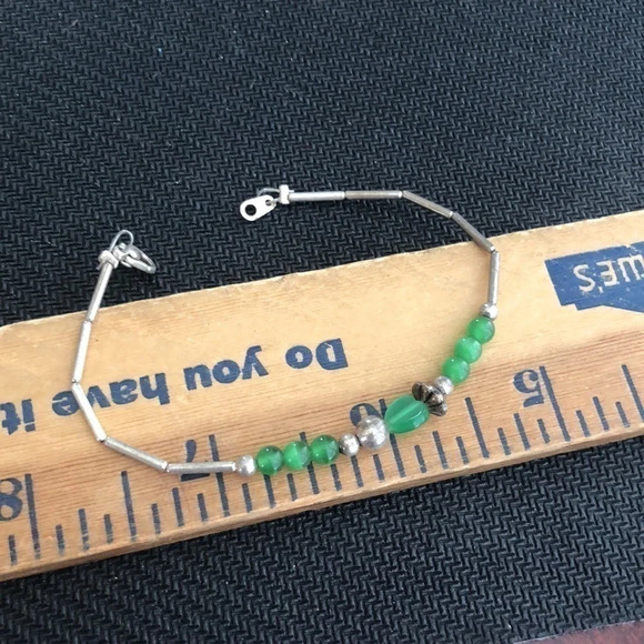 Vintage Silver Tone Green Bracelet 6.5 - Picture 2 of 2
